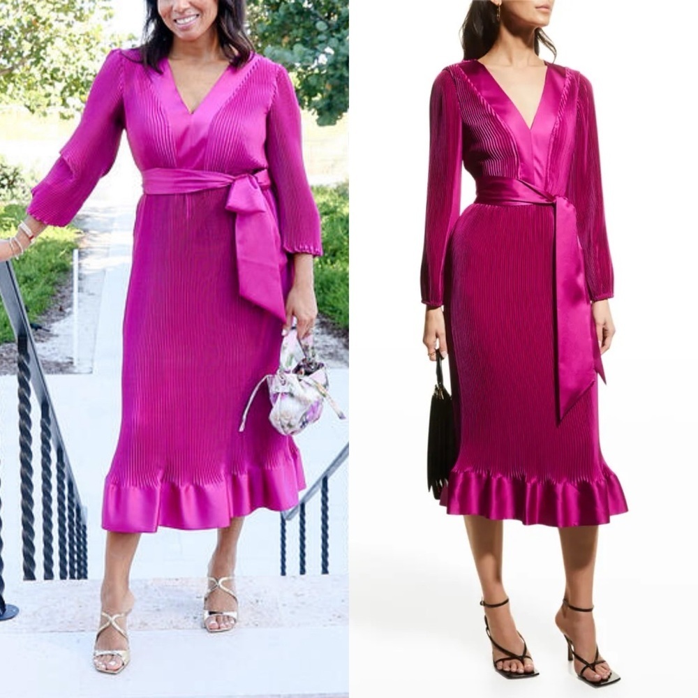 Milly Rare Vivianna Pleated Satin Belted Ruffle Pink Midi Dress